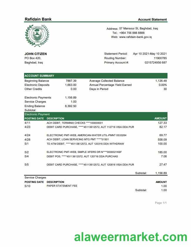 Iraq Rafidain Bank statement template in .xls and .pdf file format